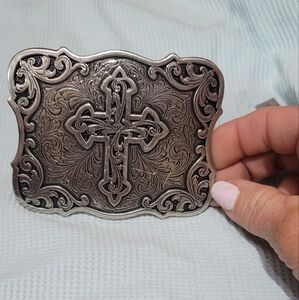 Silver Belt Buckle with Cross Design